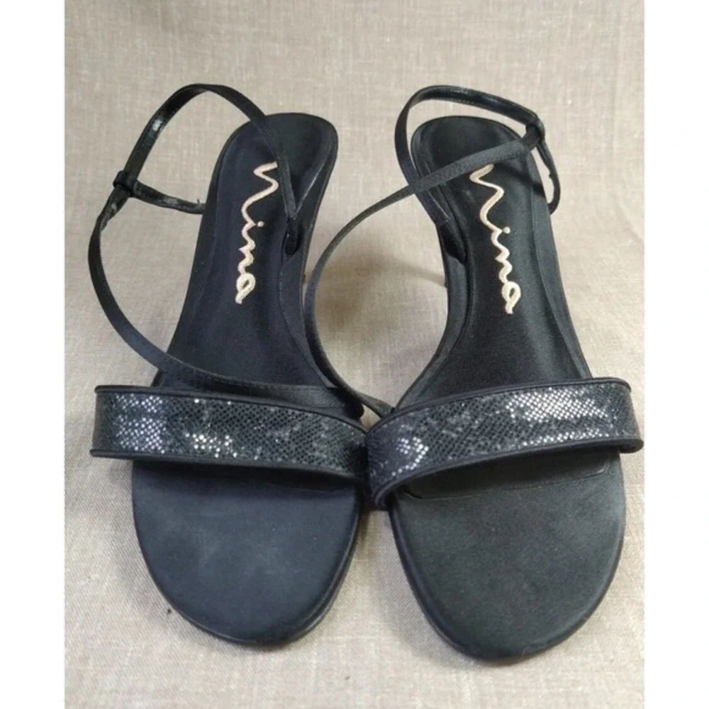 Nina‎ Black Open Toe Satin Evening Dress Pumps Sparkle Women's Size 6.5 M